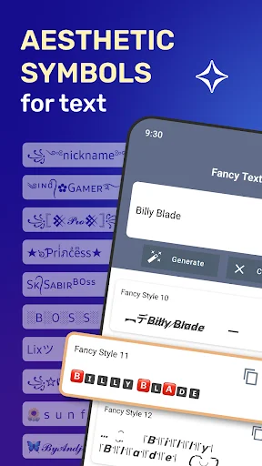Aesthetic Symbols app showing fancy text styles and nickname generators with decorative symbols on purple background