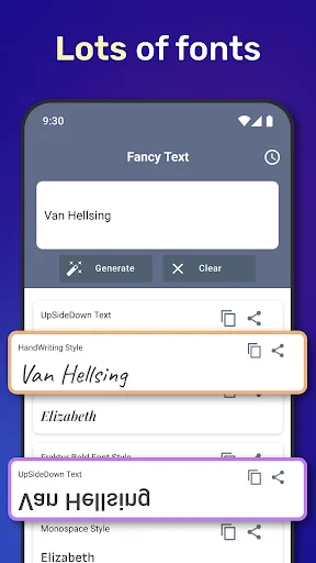 Fancy text generator displaying Van Hellsing in multiple font styles including handwriting, italic, and upside-down text