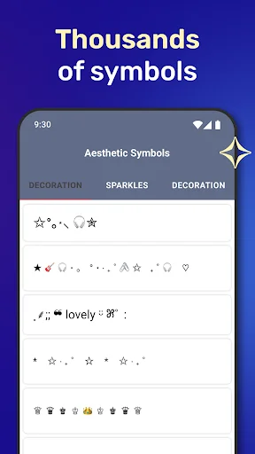 Aesthetic symbols library showing sparkles, decorations, and special characters organized in browsable categories