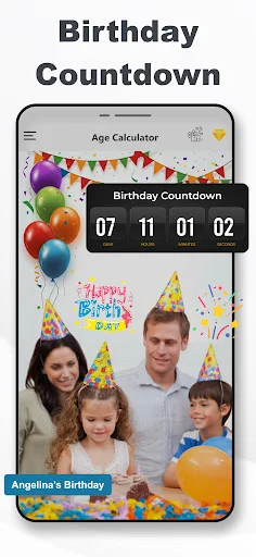 Birthday countdown timer displaying days, hours, minutes and seconds to upcoming celebration with festive party decorations and family photos