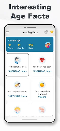 Age calculator app showing current age breakdown in years, months and days with interesting age facts about heartbeats, laughs and sleep patterns