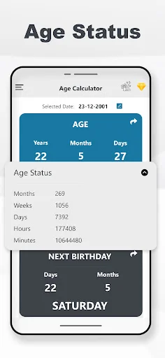 Age status calculator showing detailed age breakdown of years, months, days, weeks, hours and minutes with next birthday date and day of week
