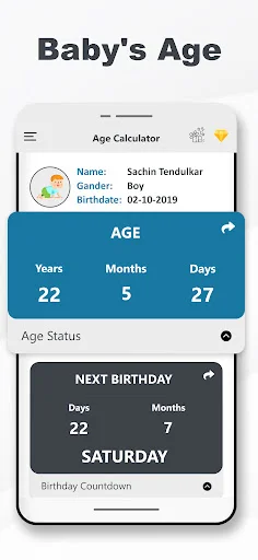 Baby age tracker showing child profile with name, gender, date of birth and calculated age in years, months and days plus next birthday countdown