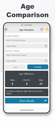 Age comparison tool for calculating age difference between two people with input fields for names and dates of birth plus results display