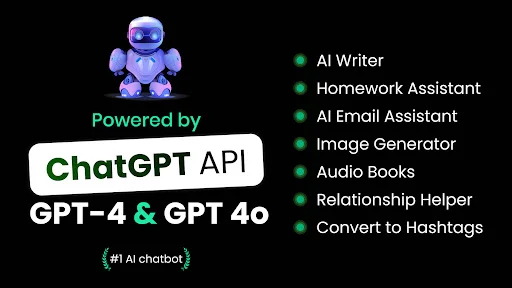 AI Chat Bot features showcase: AI Writer, Homework Assistant, Email Assistant, Image Generator, Audio Books powered by ChatGPT and GPT-4o