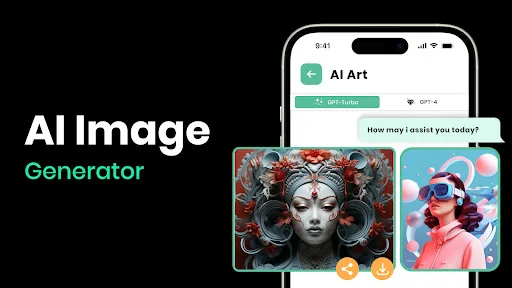 AI Image Generator interface displaying AI-created artwork including portrait and fashion illustrations generated from text prompts