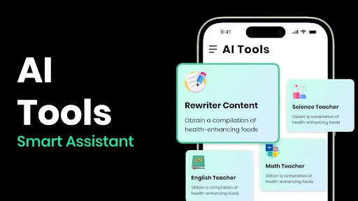AI Tools smart assistant menu showing specialized tutoring and content rewriting tools for Science, Math, English education
