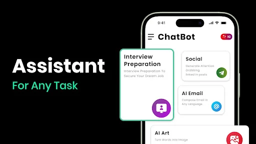 ChatBot assistant feature menu displaying Interview Preparation, Social media, AI Email, and AI Art generation options