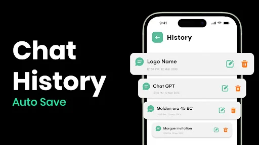 Chat History auto-save feature displaying list of previous conversations including Logo Name, Chat GPT, and historical topics