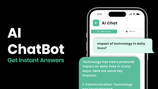 AI Chat conversation screen showing instant answers about technology impact with detailed AI-generated response using ChatGPT on iPhone