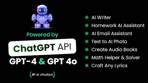 AI Chat Bot features including AI Writer, Homework AI Assistant, Email Assistant, Text to Photo, Audio Books, Math Solver, and Lyrics Creator
