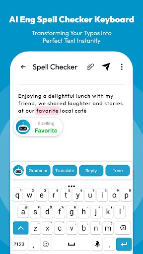 Spell Checker keyboard interface with text correction, favorite marking, and grammar, translate, reply, tone buttons
