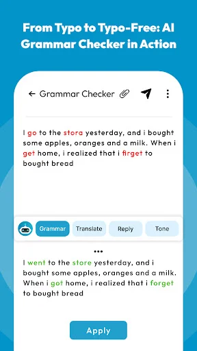 Grammar correction feature highlighting spelling and punctuation errors in red with AI-corrected version and Apply button to accept changes