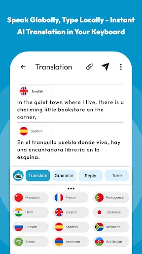 AI translation feature displaying text in multiple languages including English, Spanish, French, Portuguese, Hindi, Russian, and more with instant conversion
