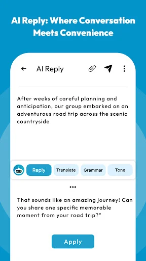 AI Reply feature generating smart conversation responses with Grammar, Translate, and Tone options and Apply button for message enhancement