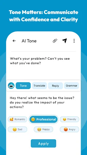 AI Tone feature offering multiple communication styles including Professional, Romantic, Friendly, Happy, Sad, and Angry tone variations for messaging