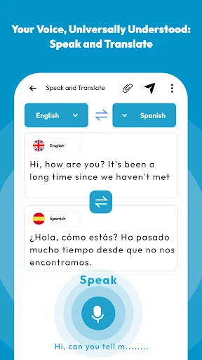 Speak and Translate feature with language dropdown, side-by-side text display, microphone button, and voice input for multilingual communication