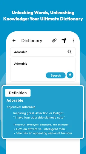 Dictionary feature with word search, definition display, part of speech, usage examples, synonyms, and antonyms for vocabulary learning