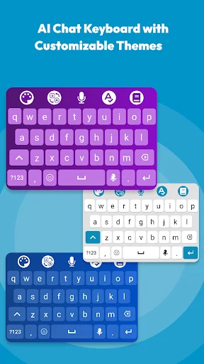 Customizable keyboard themes displaying purple, white, and blue color variations with personalization options