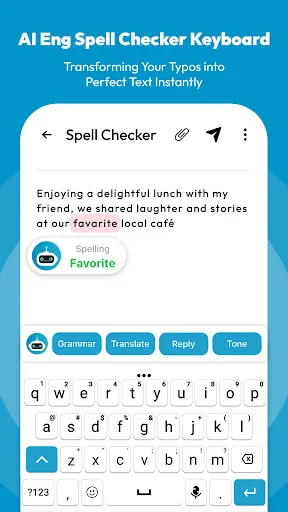 AI Grammar Checker spell checker interface correcting text with Grammar, Translate, Reply, and Tone action buttons integrated in mobile keyboard