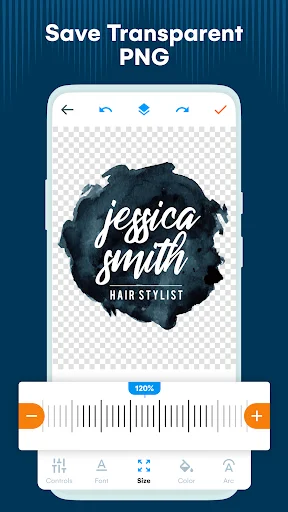 Export logo as transparent PNG - Jessica Smith Hair Stylist design on checkered background with zoom editing controls