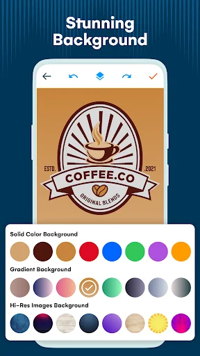 Customize logo backgrounds with solid colors, gradients, and hi-res images for professional coffee shop design
