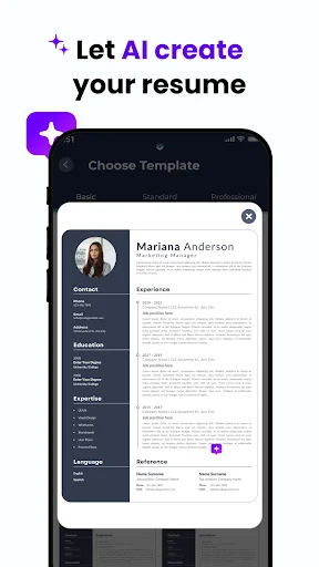 AI Resume Builder template selection showing Mariana Anderson resume preview with multiple sections