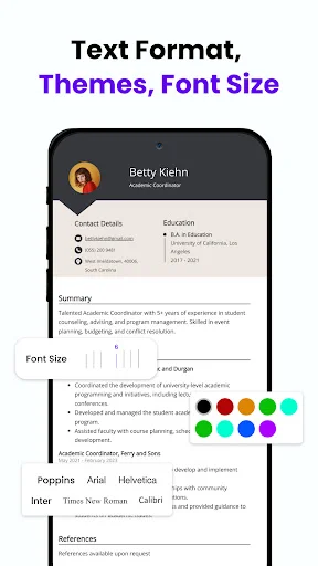 Resume formatting customization options showing font size, color themes, and font choices like Poppins, Arial, Helvetica