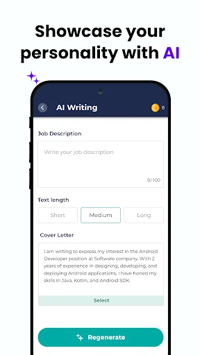 AI Writing tool for job descriptions with Short, Medium, Long text length options and Regenerate button