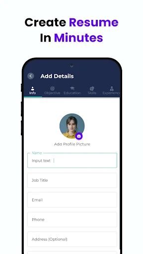 Resume form with profile picture upload and input fields for Name, Job Title, Email, Phone, Address