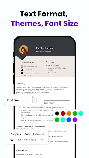 Resume customization panel with font selection, color theme palette and font size control options