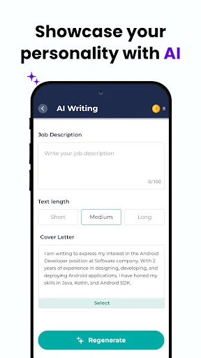 AI writing tool for job descriptions with text length options and AI-powered cover letter generation feature