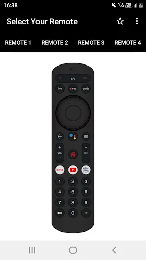 Remote 1: Black digital TV remote with rounded design, directional pad, colored and numbered buttons for app-based TV control