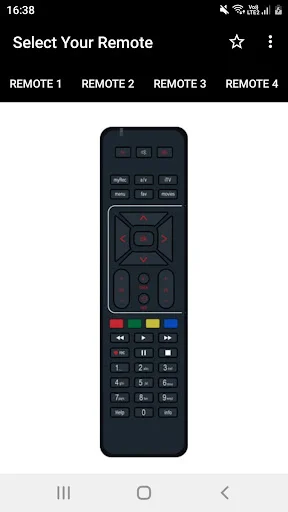 Remote 2: Black universal TV remote interface with compact button grid, navigation controls, color buttons, and numeric keypad