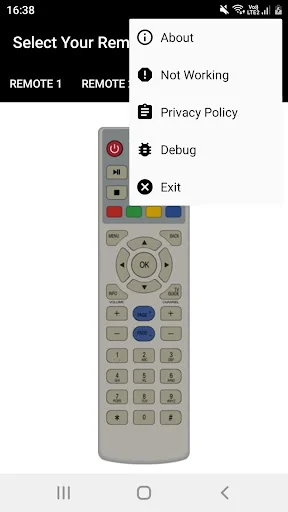 App settings menu overlay showing About, Not Working, Privacy Policy, Debug, and Exit options for TV remote control tool