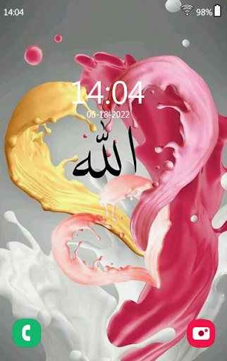 Islamic 4K HD wallpaper with colorful liquid paint splash effects in pink, yellow, white, Arabic Allah text, digital clock personalization