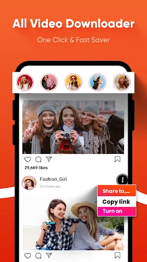 All Video Downloader app main interface showing Instagram post with share menu options to copy link and download