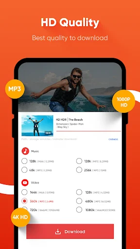 HD Quality feature displaying video download options including MP3, 1080p, 4K formats with red download button
