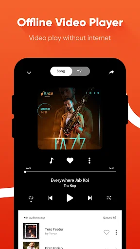 Offline Video Player interface with music playback controls showing Everywhere Jab Kai song and playlist list