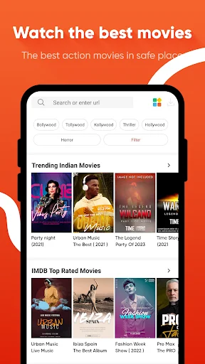 Movie discovery interface with trending Indian movies and IMDB top-rated films displayed in grid layout
