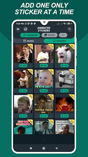 Animated Stickers Maker app grid view showing diverse sticker collection with add buttons and animated/static tabs