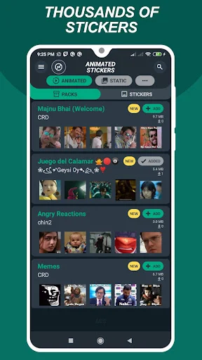 Animated Stickers Maker browse screen with thousands of sticker packs organized in scrollable categories and collections
