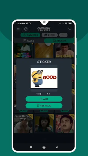 Animated Stickers Maker sticker preview popup with Minion character showing add and view pack options
