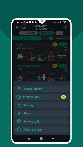 Animated Stickers Maker settings menu with added stickers, remove ads, rate app, share and privacy options