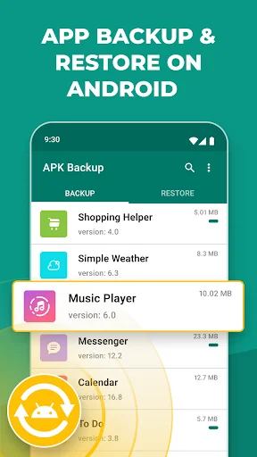 APK Backup app main screen showing list of installed apps with versions and file sizes for backup on Android