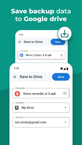 Save APK backup files to Google Drive dialog showing file name and account selection options