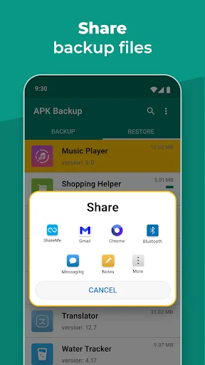Share backup APK files dialog with multiple sharing options including Gmail, Bluetooth, and Messaging