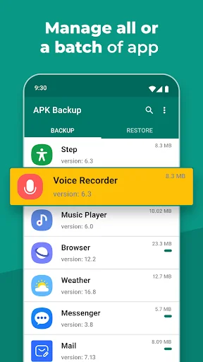 Manage and select multiple apps for backup showing Voice Recorder, Browser, Weather, and Messenger apps