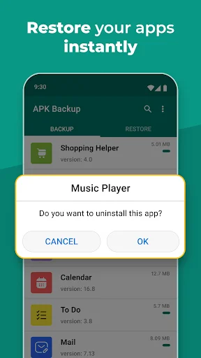 Quick app restore and recovery feature with confirmation dialog for uninstalling apps on Android