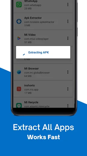 Fast APK extractor showing extraction progress for backing up installed Android applications